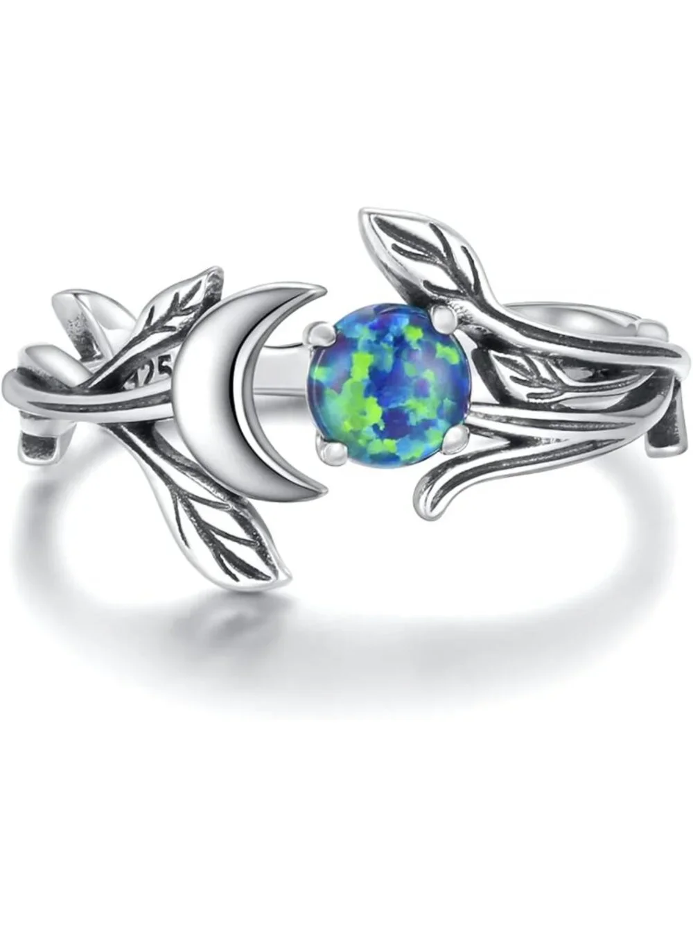 Adjustable Vintage Crescent Moon Ring - 925 Sterling Silver Opal & Turquoise
